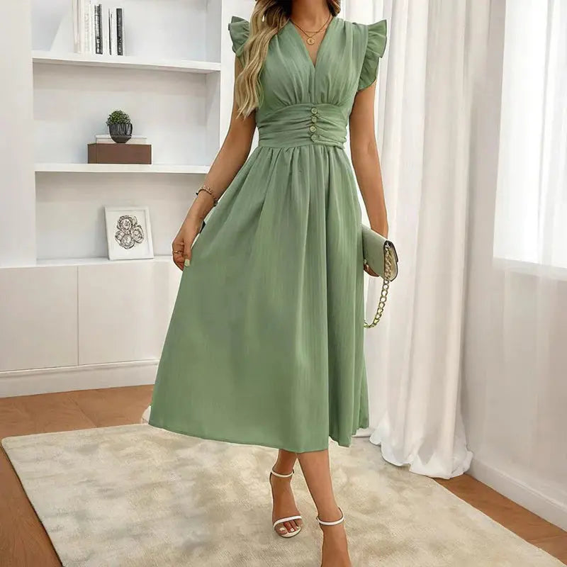 Women Solid Color Sleeveless V Neck High Waist Ruffle Hem Bohemian Flowy Summer Dress