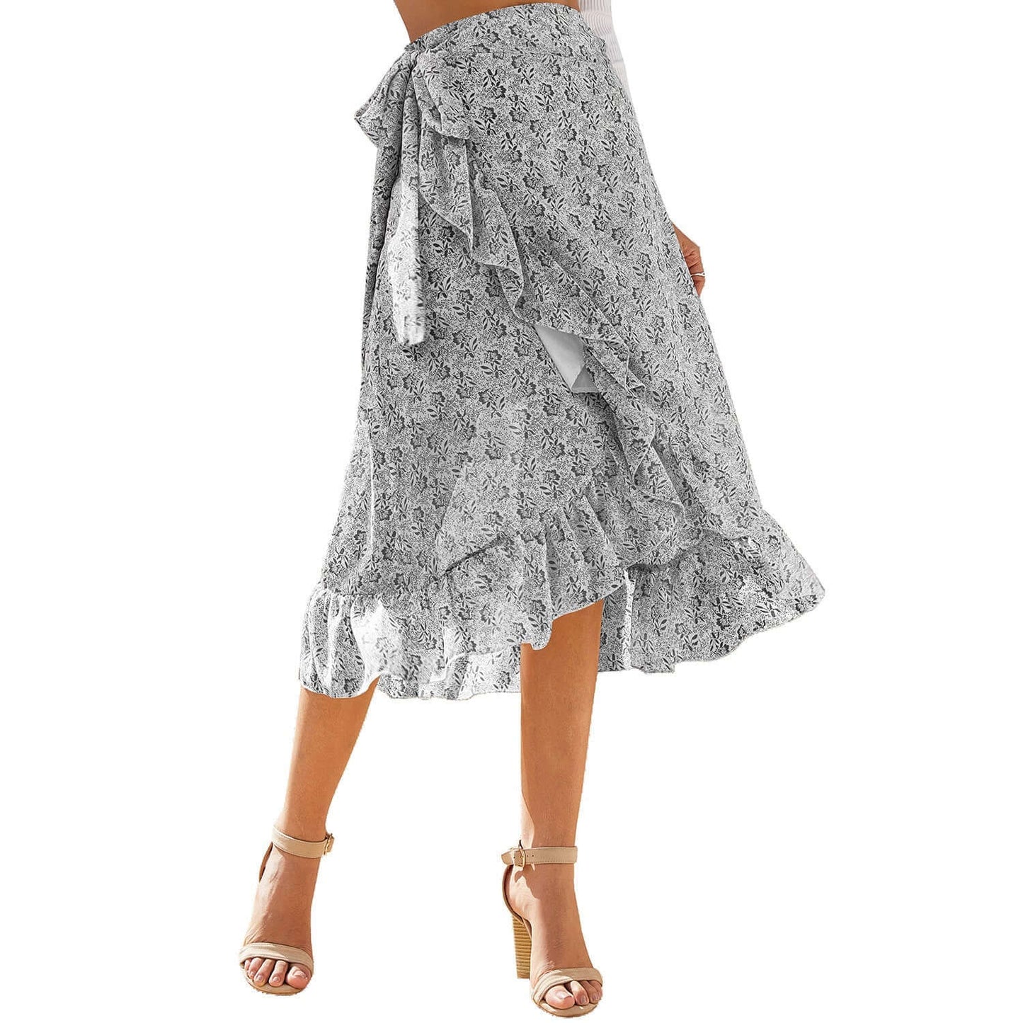 Woman Skirts High Waist Fashion Long Black Knotted Tied Wrap Floral Ruffle Chiffon A-Line Split Skirt Spring Summer Clothes Abysaz Kollectionz