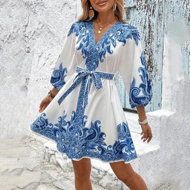 Women Elegant V Neck Lantern Sleeve Wrap Waist Tie Floral Print Dress