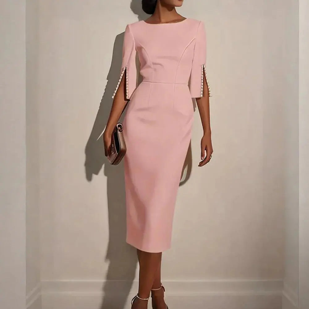 Women Elegant Solid Pearl Embellished Back Zipper and Slit Sleeves round Neck Dress