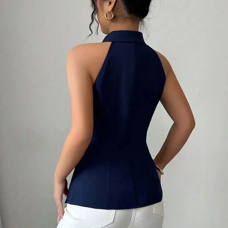 Women Elegant Fit Solid Sleeveless Tank Top - Button Front Lapel Top