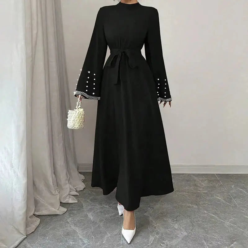 Women Elegant Shiny Embellished Belted Turtleneck Long Sleeve Maxi Dress
