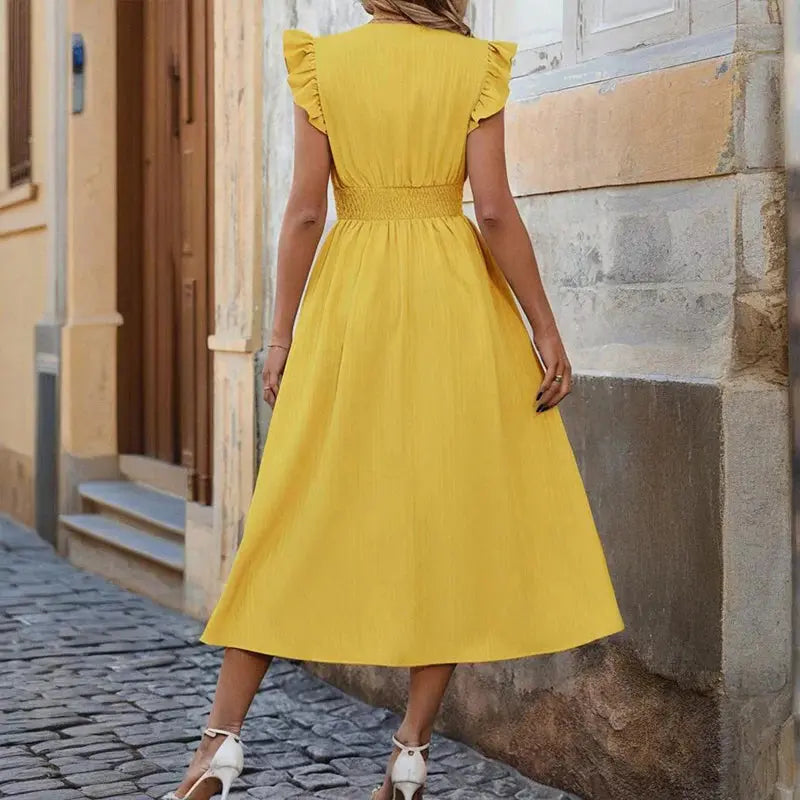 Women Solid Color Sleeveless V Neck High Waist Ruffle Hem Bohemian Flowy Summer Dress