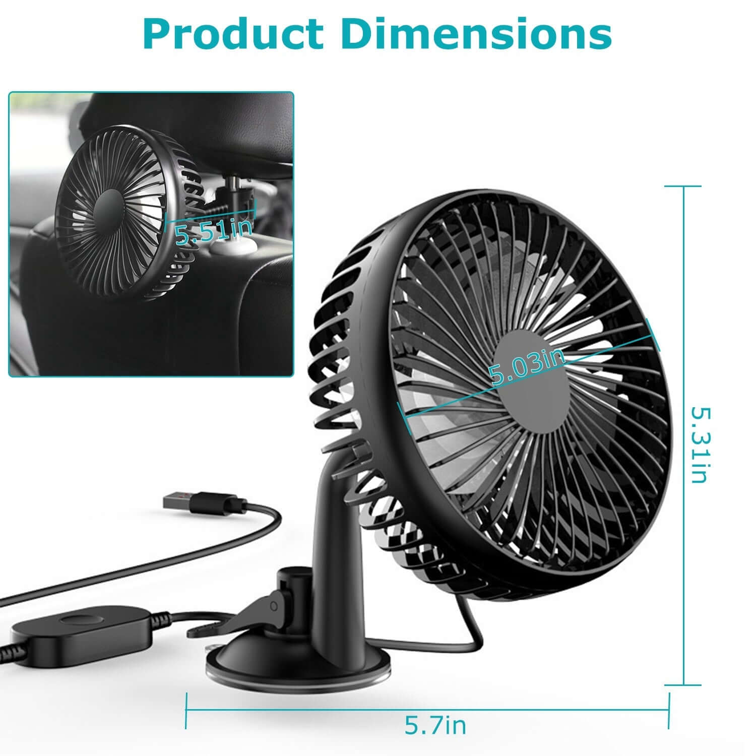 Abysaz Kollectionz 1Pc Car Cooling Fan Portable Rotatable USB Vehicle Fan Backseat Clip Fan Dashboard Window Suction Fan For SUV RV Pickup With 3 Speeds - Abysaz Kollectionz