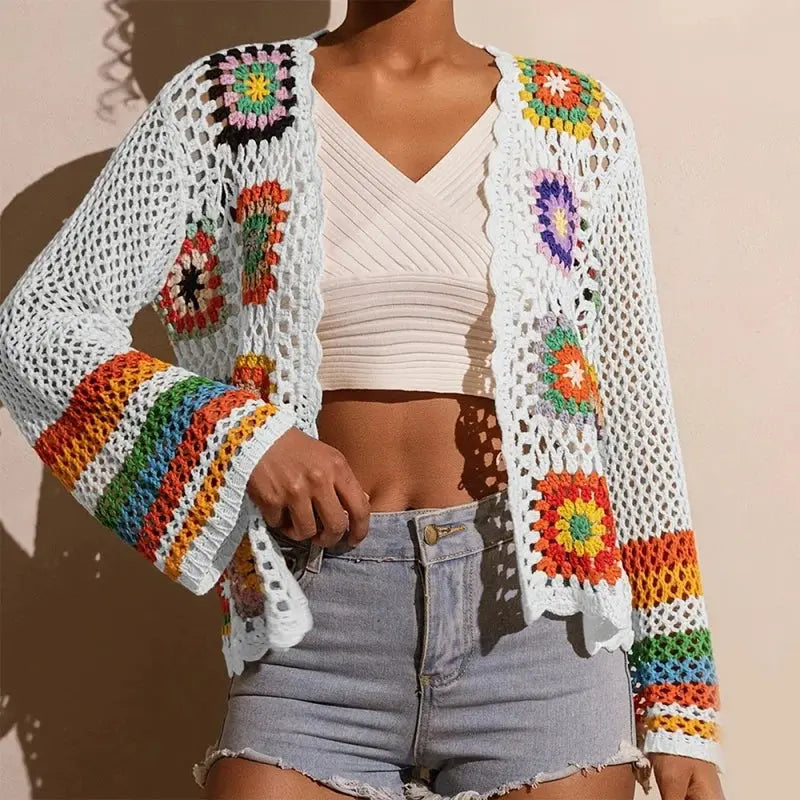 Women Elegant Crochet Cardigan - Long Sleeve Open Front Vibrant Color Block Coat