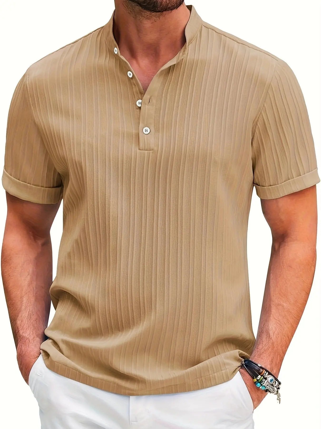 Summer Stand Collar Buttons Short Sleeve T-shirt Solid Color Stripe POLO Shirt Fashion Casual Beach Clothing For Men - Abysaz Kollectionz