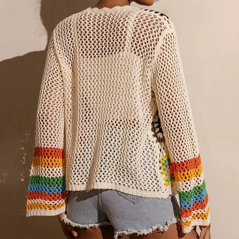 Women Elegant Crochet Cardigan - Long Sleeve Open Front Vibrant Color Block Coat