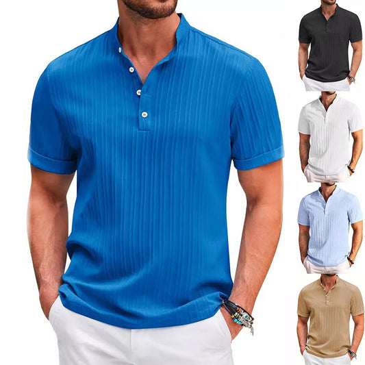 Summer Stand Collar Buttons Short Sleeve T-shirt Solid Color Stripe POLO Shirt Fashion Casual Beach Clothing For Men Abysaz Kollectionz