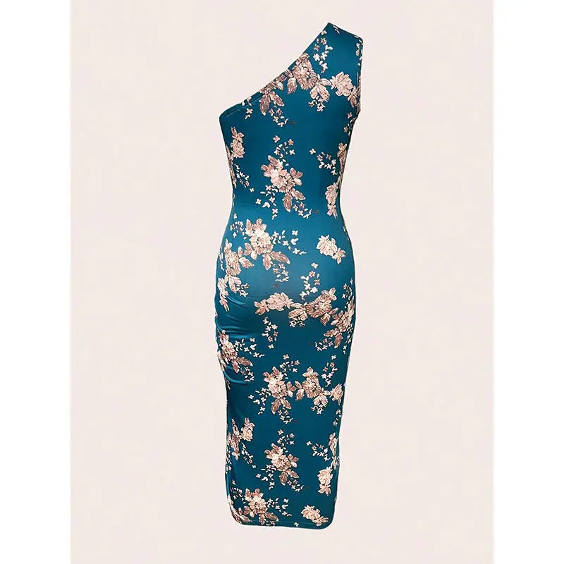 Summer Women One Shoulder Pleated High Slit Floral Slim Dress