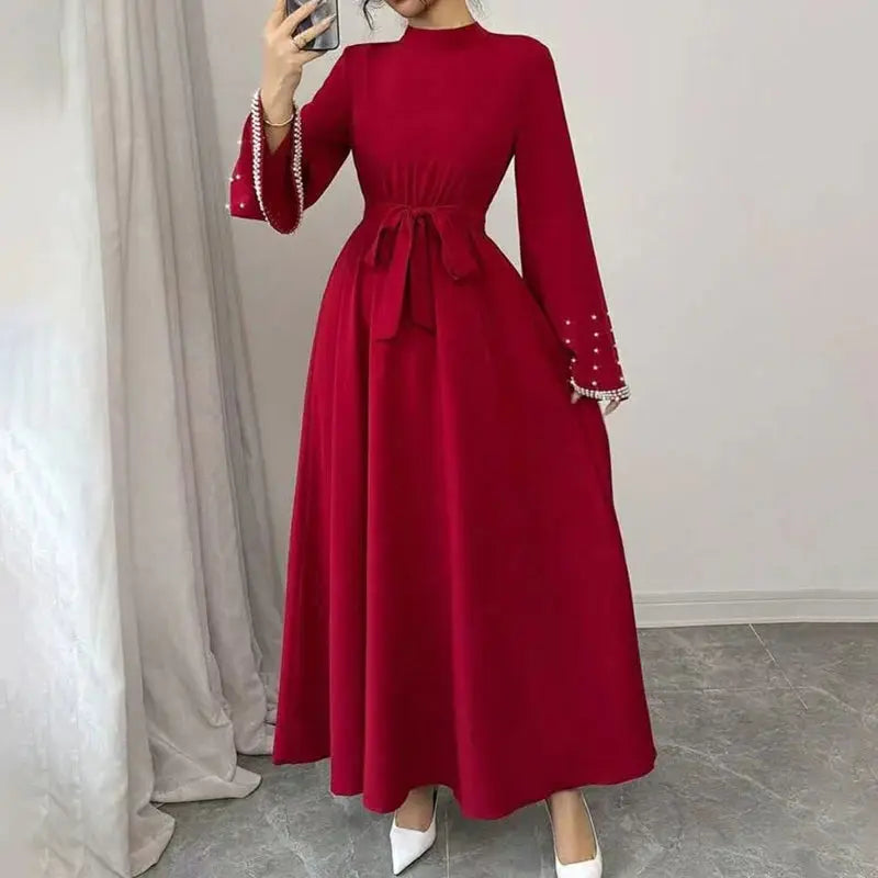 Women Elegant Shiny Embellished Belted Turtleneck Long Sleeve Maxi Dress