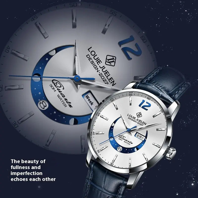 Master Moon Phase Luminous Waterproof Wrist Watch Men's Fashion Genuine Leather Strap Quartz Watch - Abysaz Kollectionz