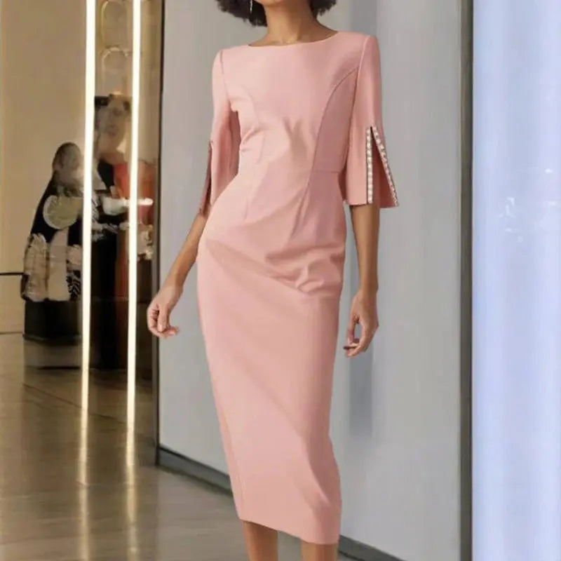 Women Elegant Solid Pearl Embellished Back Zipper and Slit Sleeves round Neck Dress