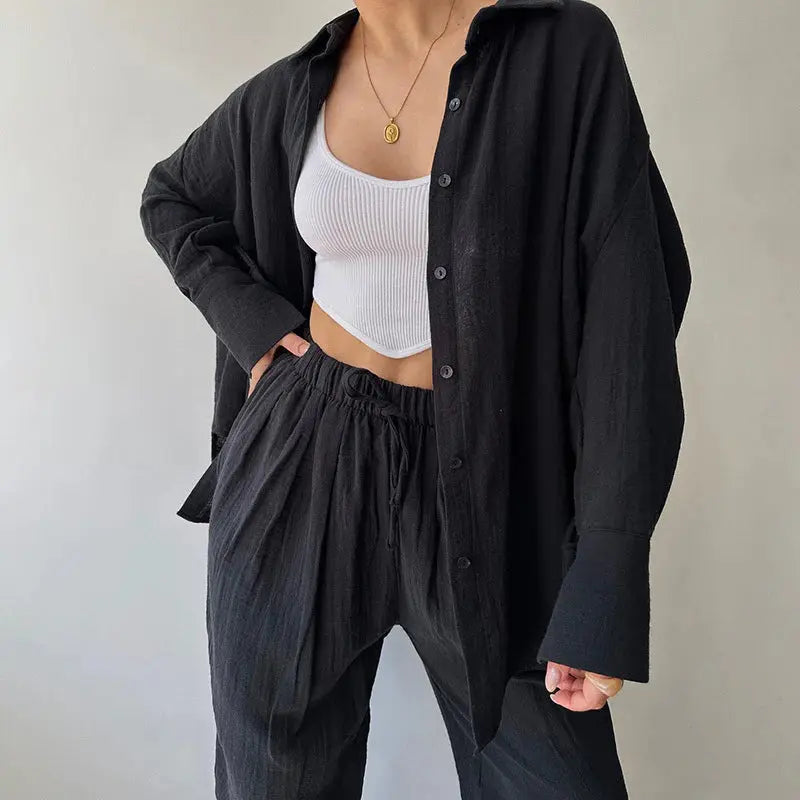 Women Casual Loose Solid Color Lapel Long Sleeve Shirt and High Waist Pants Set