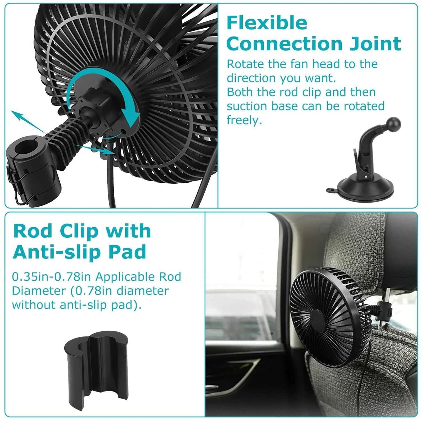 Abysaz Kollectionz 1Pc Car Cooling Fan Portable Rotatable USB Vehicle Fan Backseat Clip Fan Dashboard Window Suction Fan For SUV RV Pickup With 3 Speeds Abysaz Kollectionz