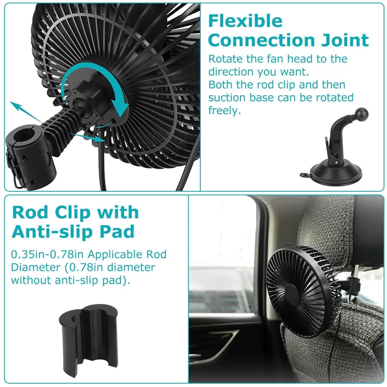 Abysaz Kollectionz 1Pc Car Cooling Fan Portable Rotatable USB Vehicle Fan Backseat Clip Fan Dashboard Window Suction Fan For SUV RV Pickup With 3 Speeds Abysaz Kollectionz