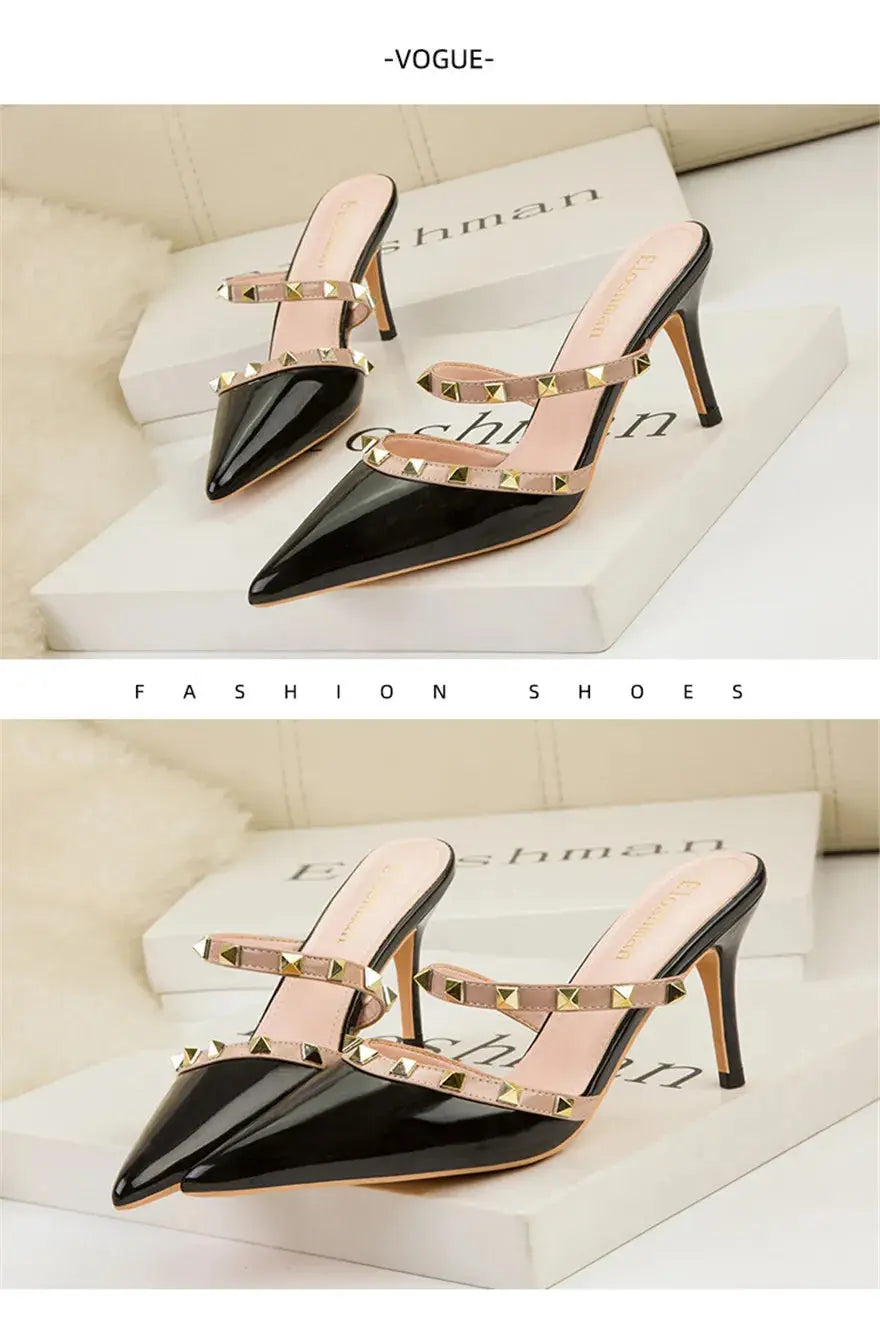 Fashion Rivet Slip On Women Slippers New Summer Pointy Toe High Heels Shoes Party Patent Leather Hollow Sexy Female Sandal Dress - Abysaz Kollectionz