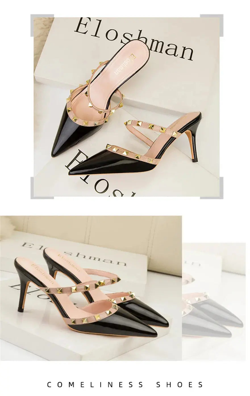 Fashion Rivet Slip On Women Slippers New Summer Pointy Toe High Heels Shoes Party Patent Leather Hollow Sexy Female Sandal Dress - Abysaz Kollectionz