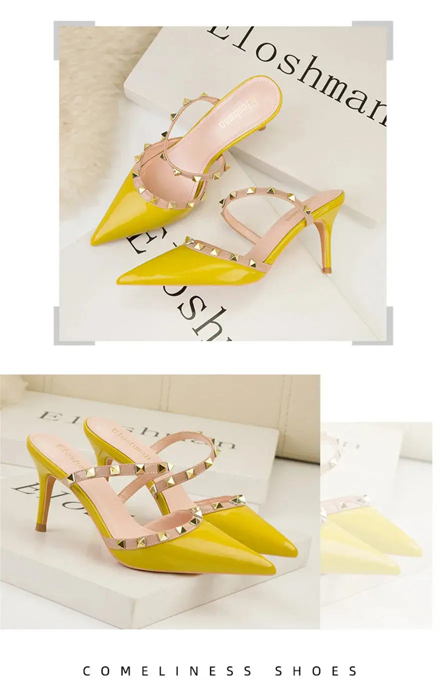 Fashion Rivet Slip On Women Slippers New Summer Pointy Toe High Heels Shoes Party Patent Leather Hollow Sexy Female Sandal Dress - Abysaz Kollectionz