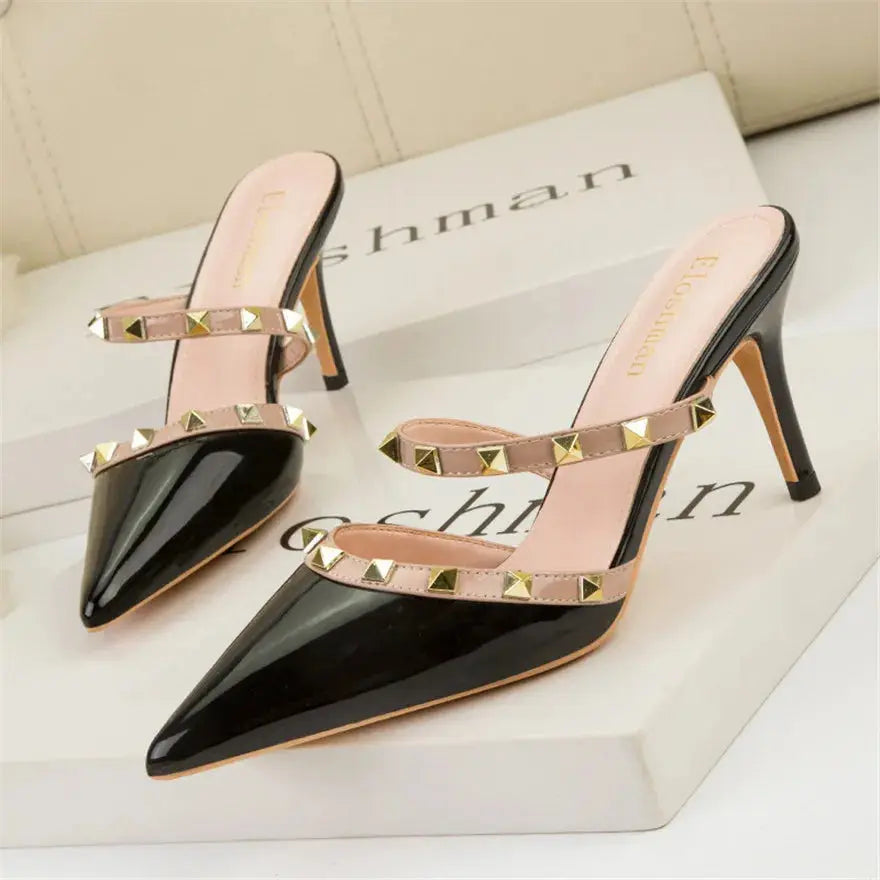 Fashion Rivet Slip On Women Slippers New Summer Pointy Toe High Heels Shoes Party Patent Leather Hollow Sexy Female Sandal Dress - Abysaz Kollectionz