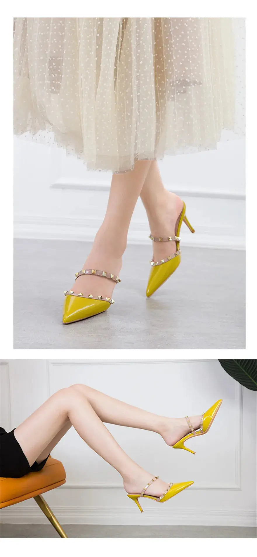 Fashion Rivet Slip On Women Slippers New Summer Pointy Toe High Heels Shoes Party Patent Leather Hollow Sexy Female Sandal Dress - Abysaz Kollectionz