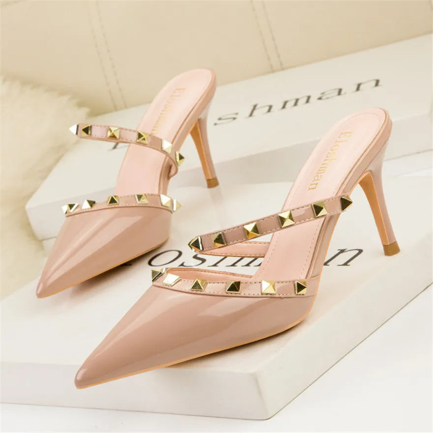 Fashion Rivet Slip On Women Slippers New Summer Pointy Toe High Heels Shoes Party Patent Leather Hollow Sexy Female Sandal Dress Abysaz Kollectionz