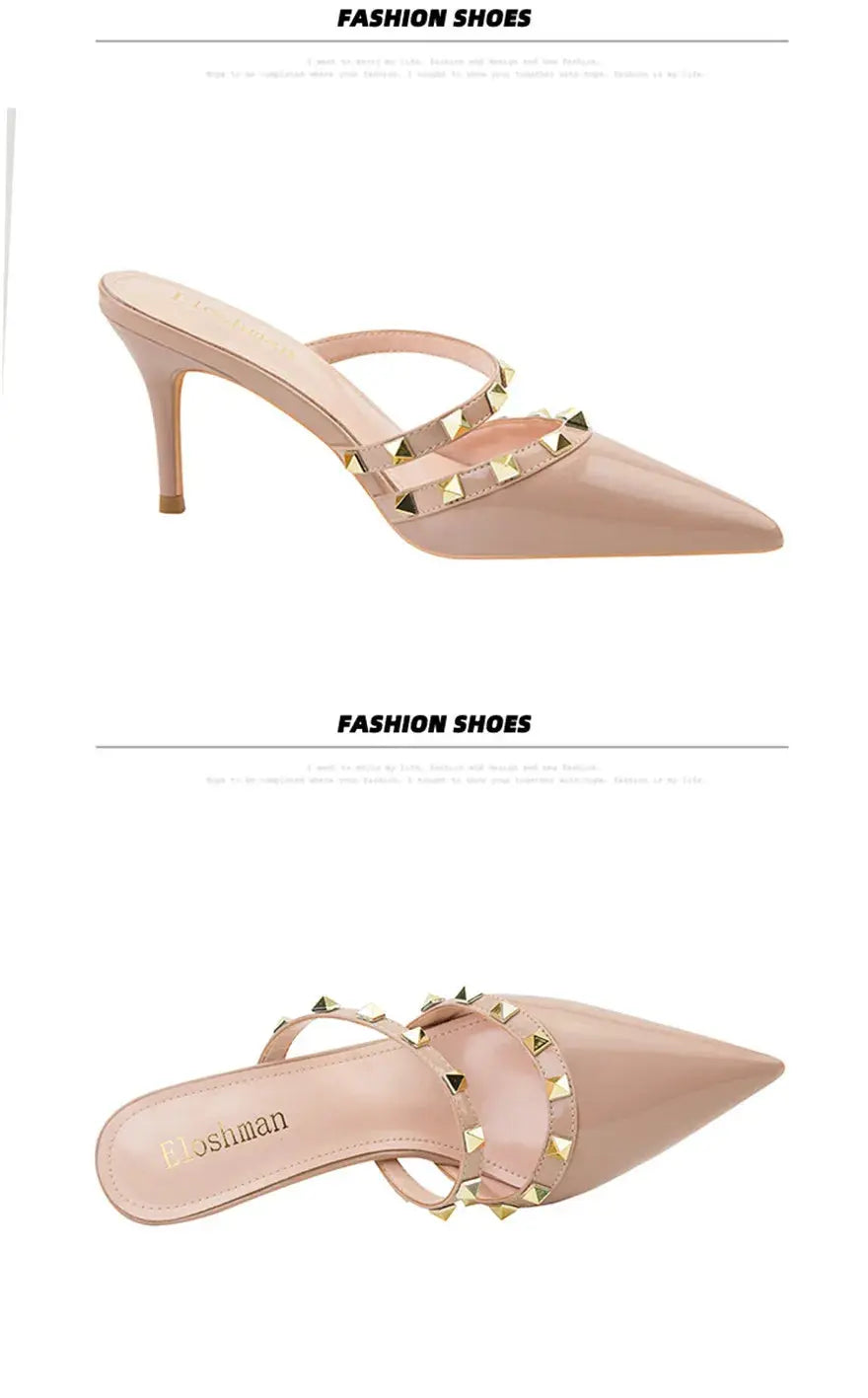 Fashion Rivet Slip On Women Slippers New Summer Pointy Toe High Heels Shoes Party Patent Leather Hollow Sexy Female Sandal Dress - Abysaz Kollectionz