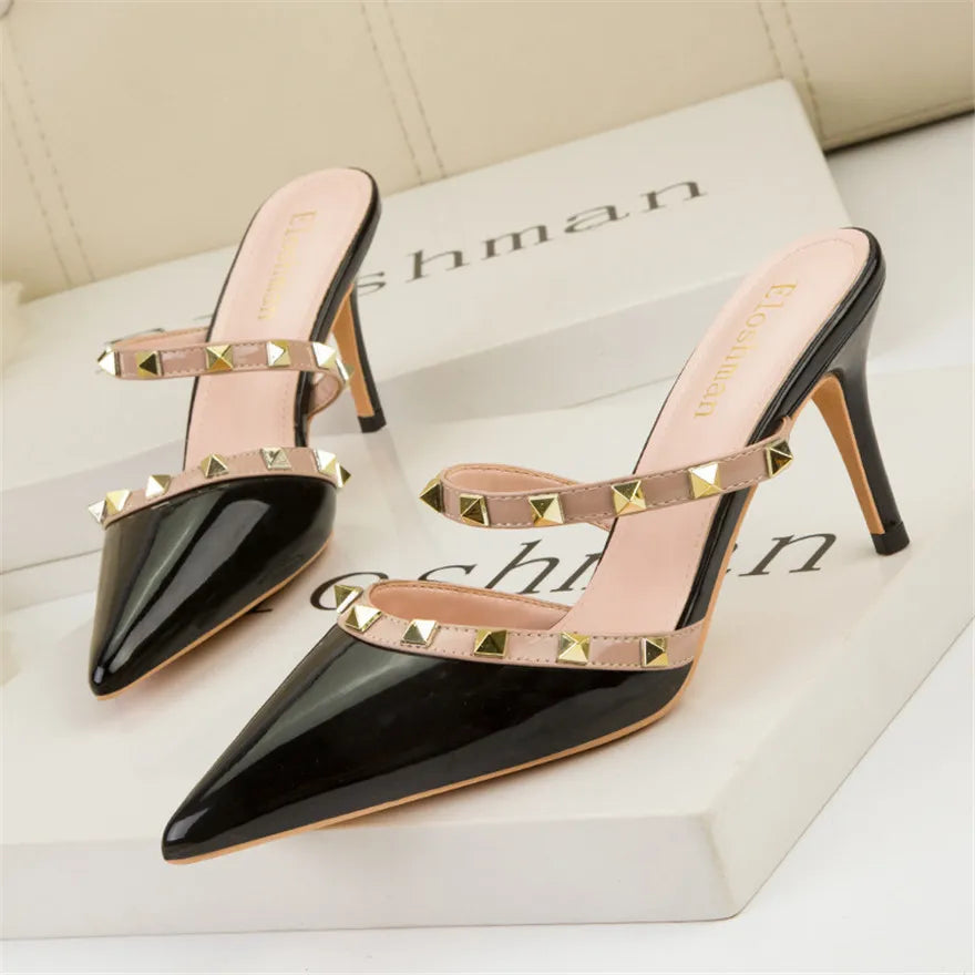 Fashion Rivet Slip On Women Slippers New Summer Pointy Toe High Heels Shoes Party Patent Leather Hollow Sexy Female Sandal Dress Abysaz Kollectionz
