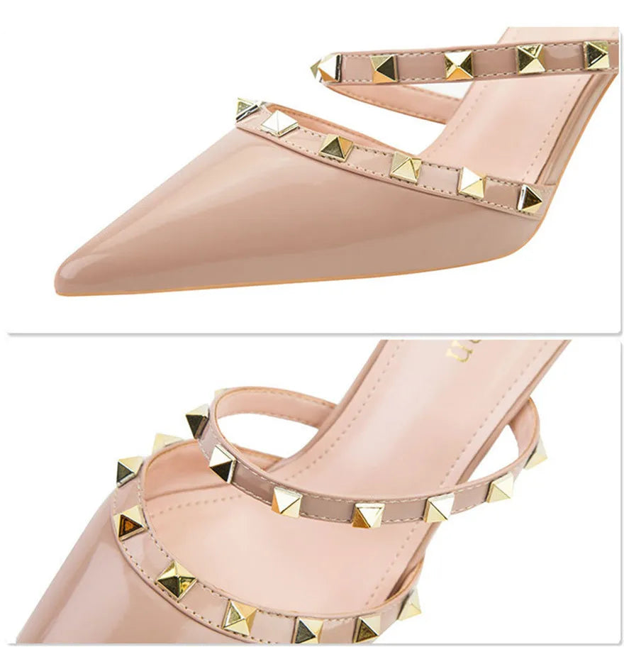Fashion Rivet Slip On Women Slippers New Summer Pointy Toe High Heels Shoes Party Patent Leather Hollow Sexy Female Sandal Dress Abysaz Kollectionz