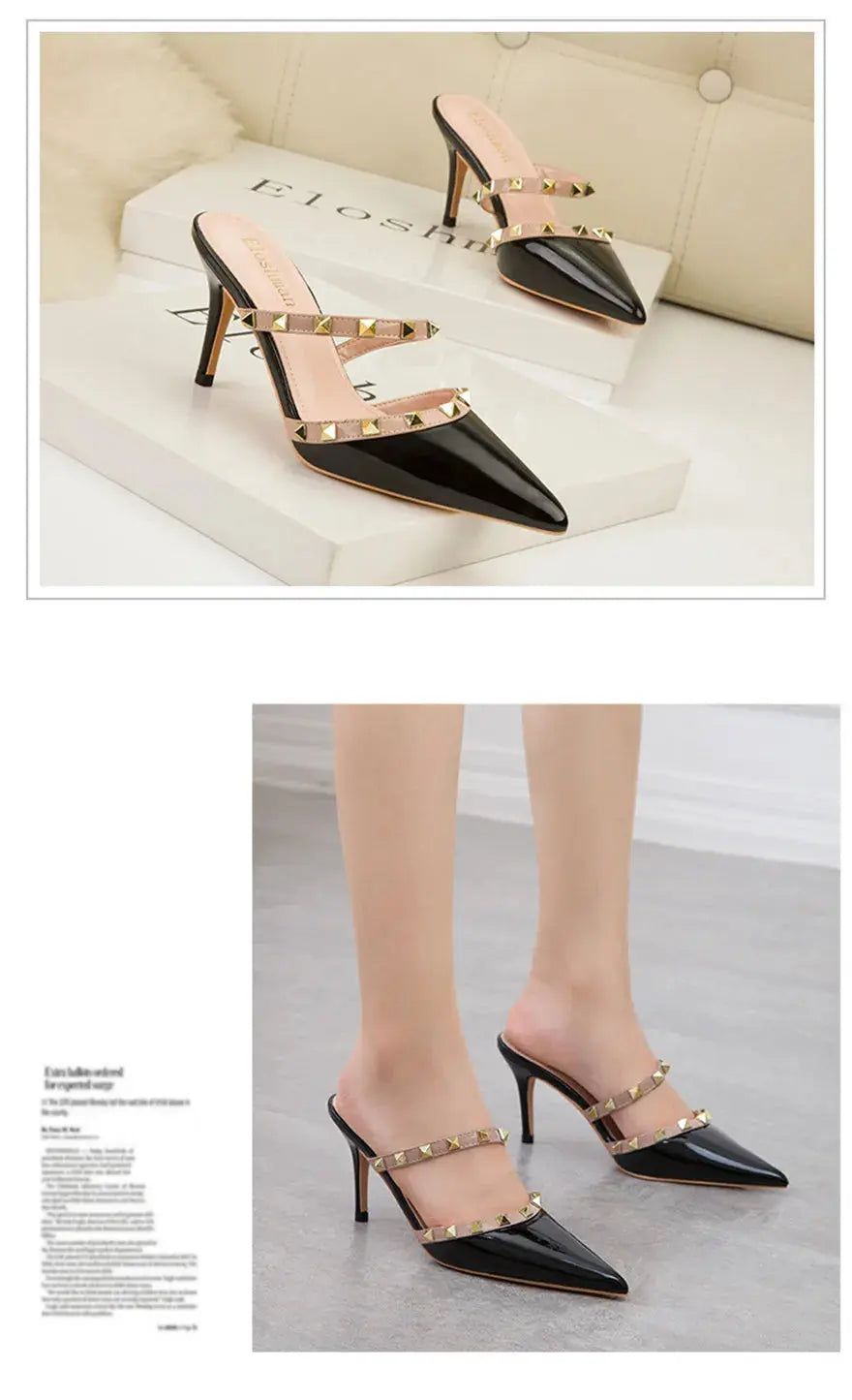 Fashion Rivet Slip On Women Slippers New Summer Pointy Toe High Heels Shoes Party Patent Leather Hollow Sexy Female Sandal Dress - Abysaz Kollectionz