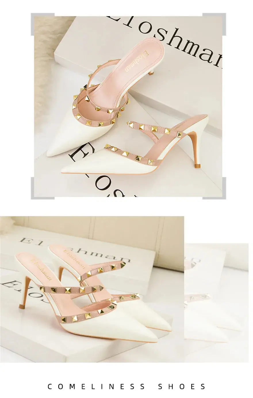 Fashion Rivet Slip On Women Slippers New Summer Pointy Toe High Heels Shoes Party Patent Leather Hollow Sexy Female Sandal Dress - Abysaz Kollectionz
