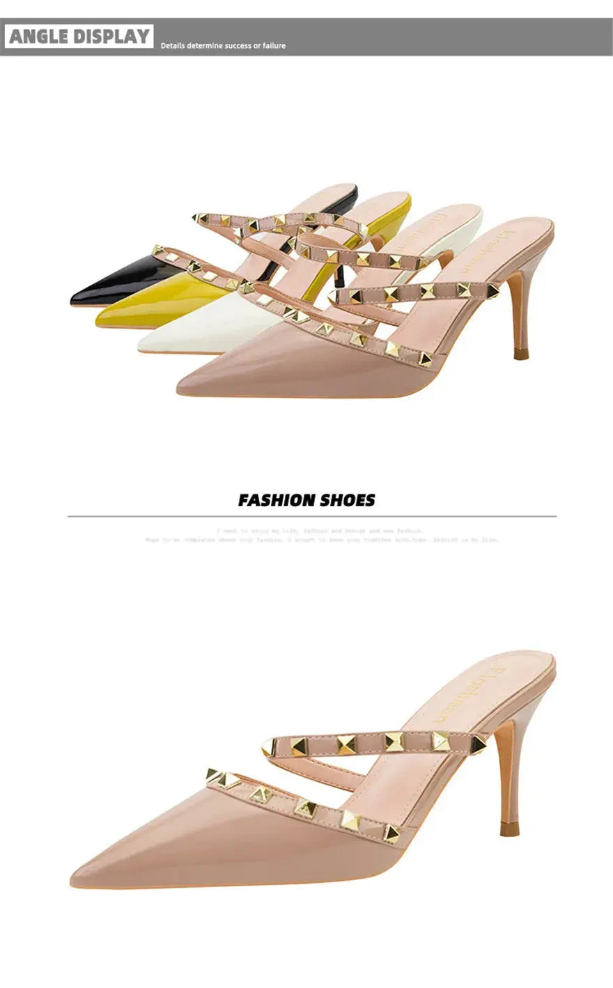 Fashion Rivet Slip On Women Slippers New Summer Pointy Toe High Heels Shoes Party Patent Leather Hollow Sexy Female Sandal Dress - Abysaz Kollectionz