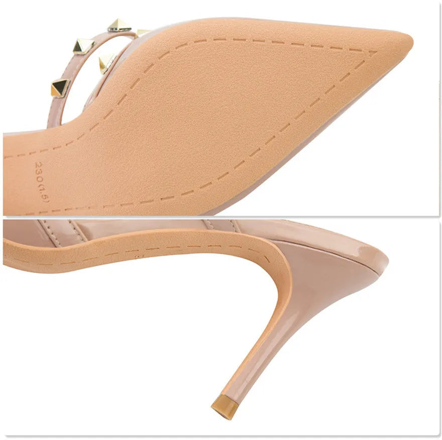 Fashion Rivet Slip On Women Slippers New Summer Pointy Toe High Heels Shoes Party Patent Leather Hollow Sexy Female Sandal Dress Abysaz Kollectionz