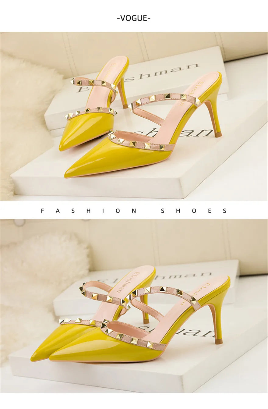 Fashion Rivet Slip On Women Slippers New Summer Pointy Toe High Heels Shoes Party Patent Leather Hollow Sexy Female Sandal Dress Abysaz Kollectionz