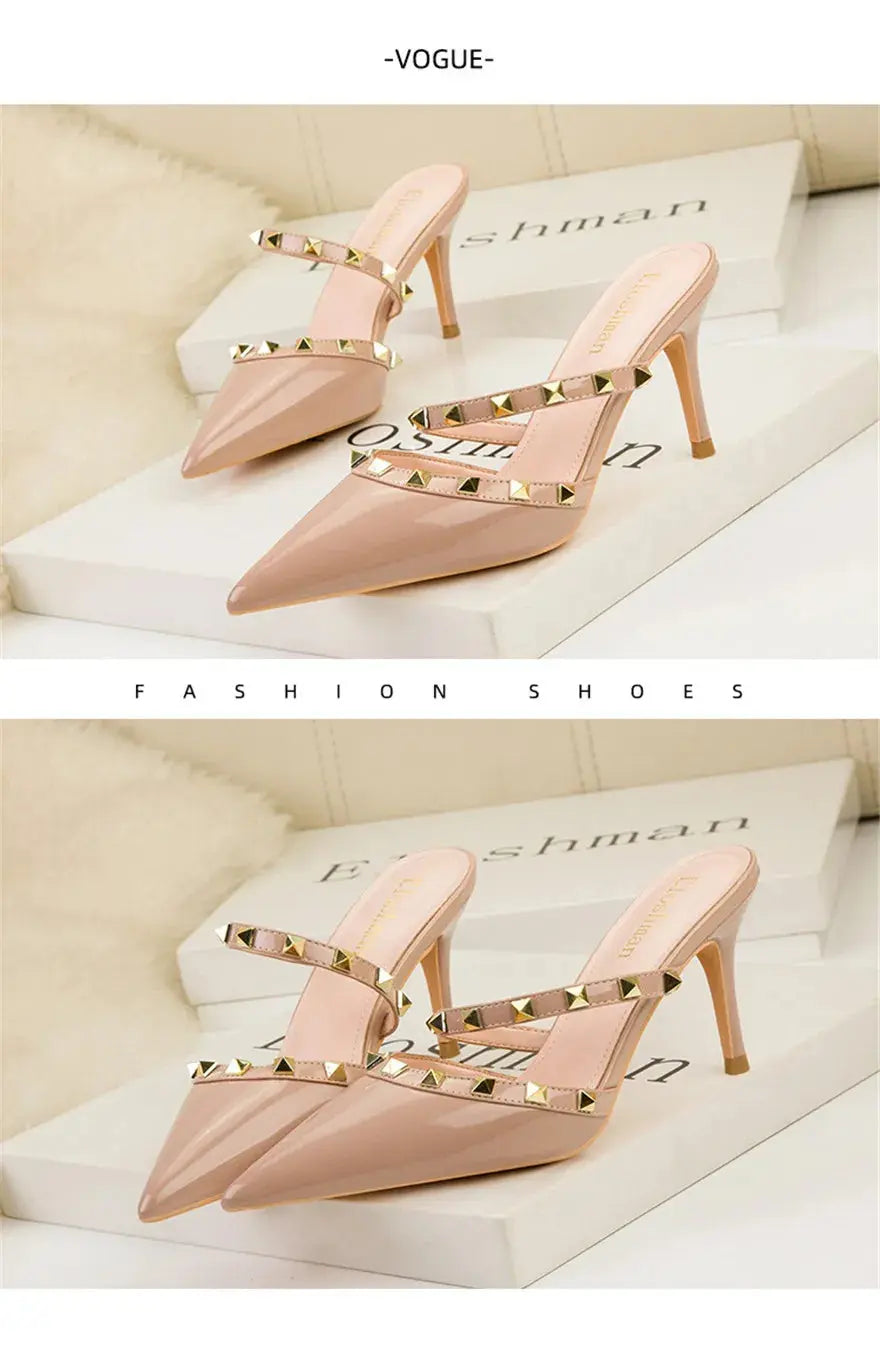 Fashion Rivet Slip On Women Slippers New Summer Pointy Toe High Heels Shoes Party Patent Leather Hollow Sexy Female Sandal Dress - Abysaz Kollectionz