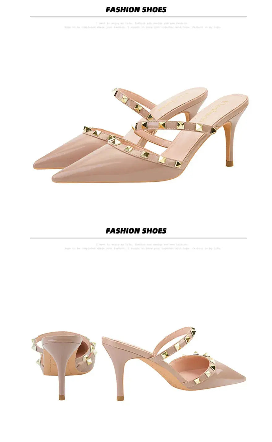Fashion Rivet Slip On Women Slippers New Summer Pointy Toe High Heels Shoes Party Patent Leather Hollow Sexy Female Sandal Dress - Abysaz Kollectionz