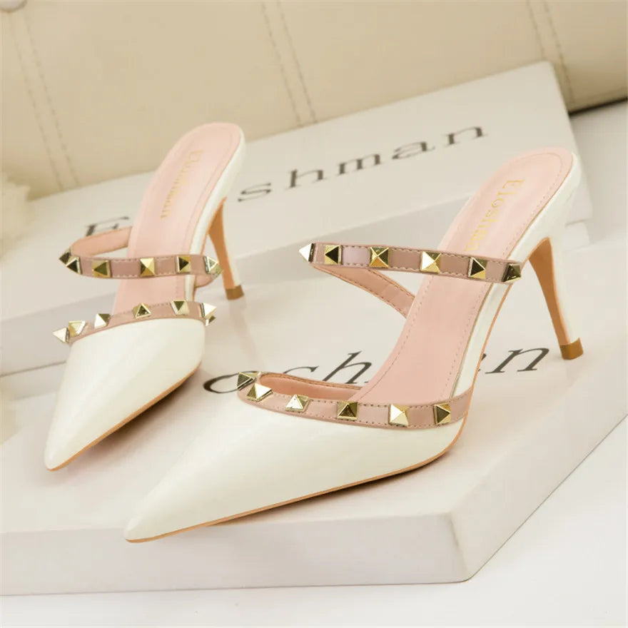Fashion Rivet Slip On Women Slippers New Summer Pointy Toe High Heels Shoes Party Patent Leather Hollow Sexy Female Sandal Dress Abysaz Kollectionz