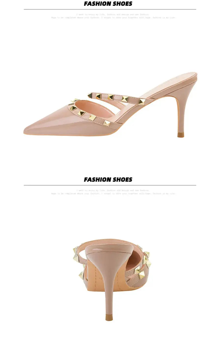 Fashion Rivet Slip On Women Slippers New Summer Pointy Toe High Heels Shoes Party Patent Leather Hollow Sexy Female Sandal Dress - Abysaz Kollectionz
