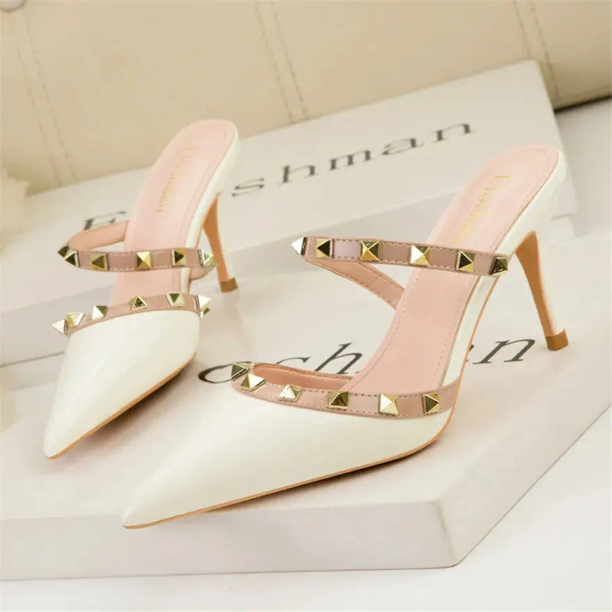 Fashion Rivet Slip On Women Slippers New Summer Pointy Toe High Heels Shoes Party Patent Leather Hollow Sexy Female Sandal Dress - Abysaz Kollectionz