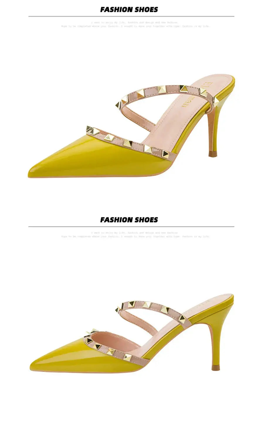 Fashion Rivet Slip On Women Slippers New Summer Pointy Toe High Heels Shoes Party Patent Leather Hollow Sexy Female Sandal Dress - Abysaz Kollectionz