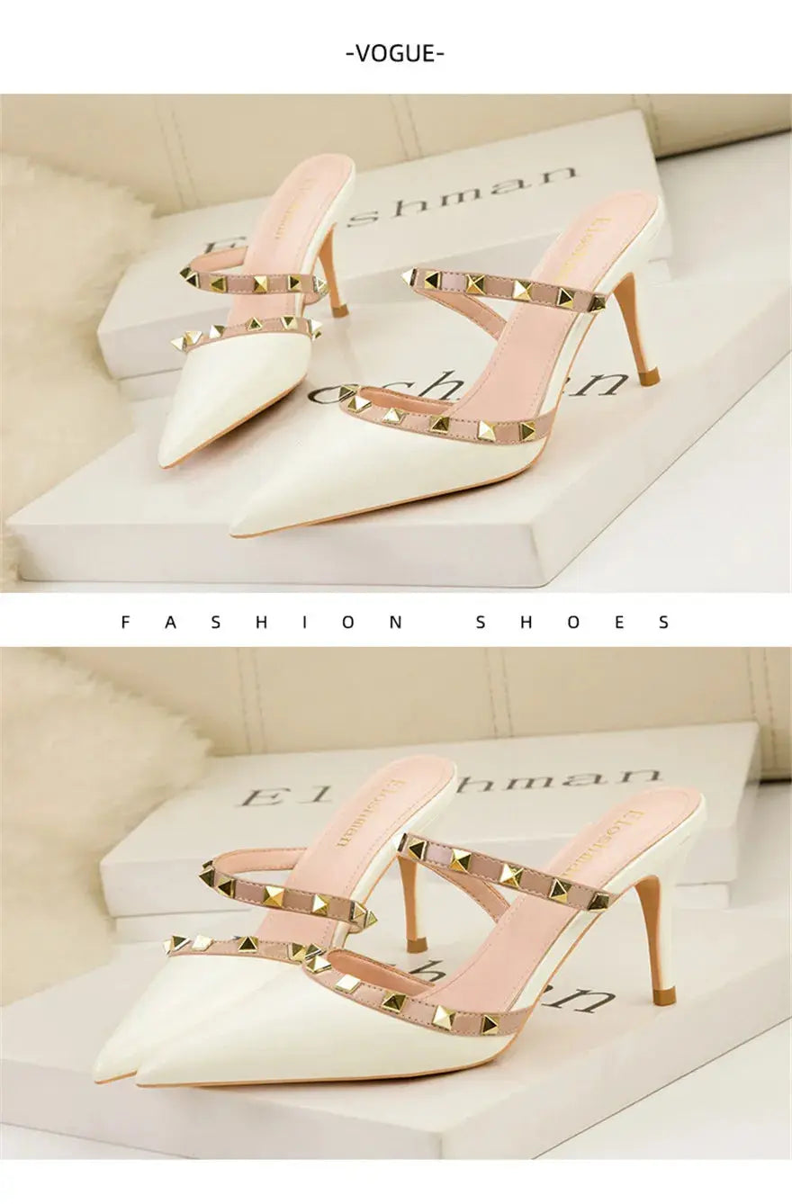 Fashion Rivet Slip On Women Slippers New Summer Pointy Toe High Heels Shoes Party Patent Leather Hollow Sexy Female Sandal Dress - Abysaz Kollectionz