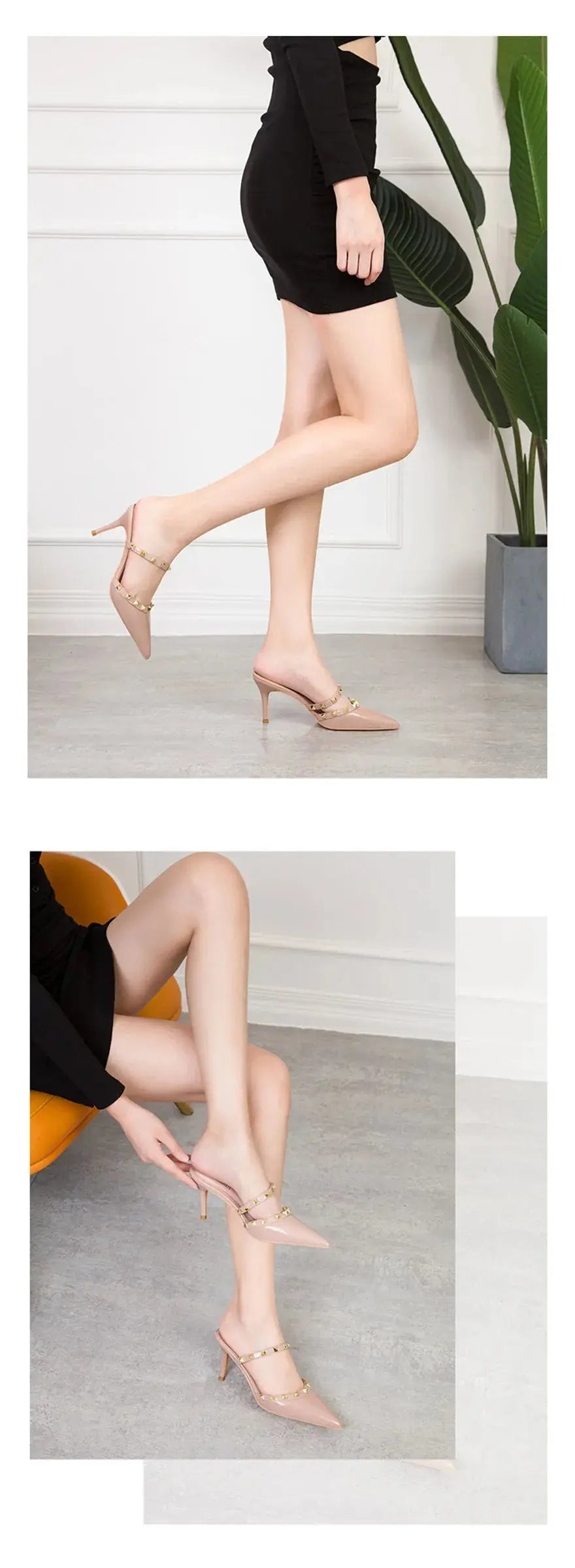 Fashion Rivet Slip On Women Slippers New Summer Pointy Toe High Heels Shoes Party Patent Leather Hollow Sexy Female Sandal Dress - Abysaz Kollectionz