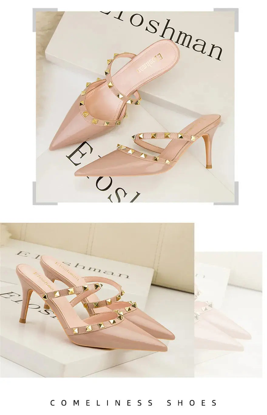 Fashion Rivet Slip On Women Slippers New Summer Pointy Toe High Heels Shoes Party Patent Leather Hollow Sexy Female Sandal Dress - Abysaz Kollectionz