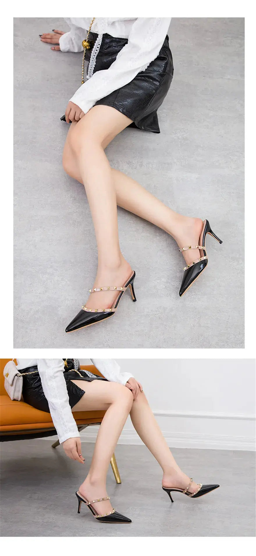Fashion Rivet Slip On Women Slippers New Summer Pointy Toe High Heels Shoes Party Patent Leather Hollow Sexy Female Sandal Dress - Abysaz Kollectionz