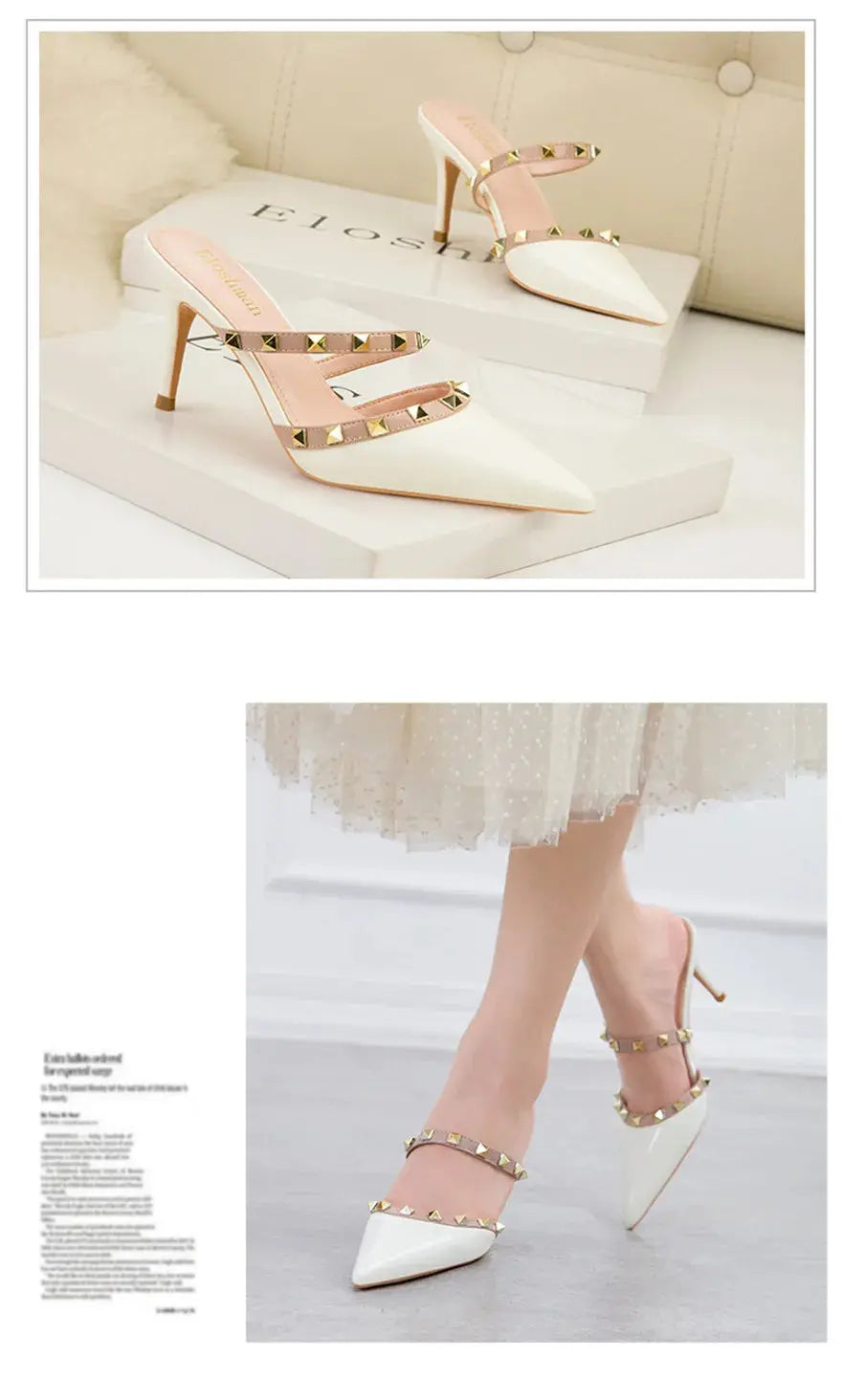 Fashion Rivet Slip On Women Slippers New Summer Pointy Toe High Heels Shoes Party Patent Leather Hollow Sexy Female Sandal Dress - Abysaz Kollectionz