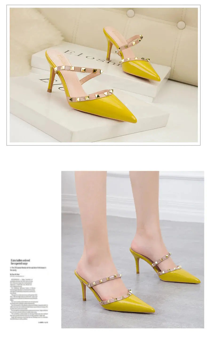 Fashion Rivet Slip On Women Slippers New Summer Pointy Toe High Heels Shoes Party Patent Leather Hollow Sexy Female Sandal Dress - Abysaz Kollectionz