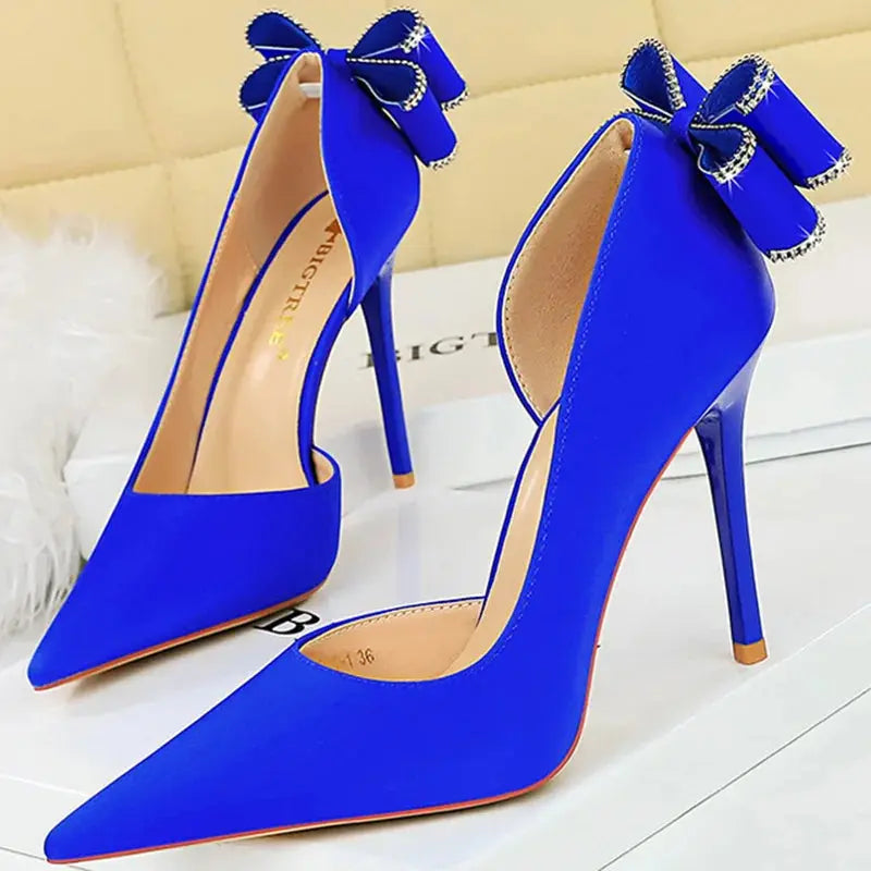 Women 10.5cm High Heels Silk Pumps Sweet Style Rhinestone Bow Super High Heels Lady Fetish Wedding Bridal Pink Green Blue Shoes - Abysaz Kollectionz