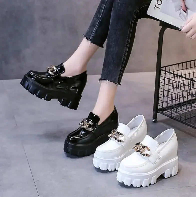 Women Patent Leather Chunky Sneakers Loafers Breathable Chain High Heels Platform Casual Shoes Flats Woman Vulcanize - Abysaz Kollectionz
