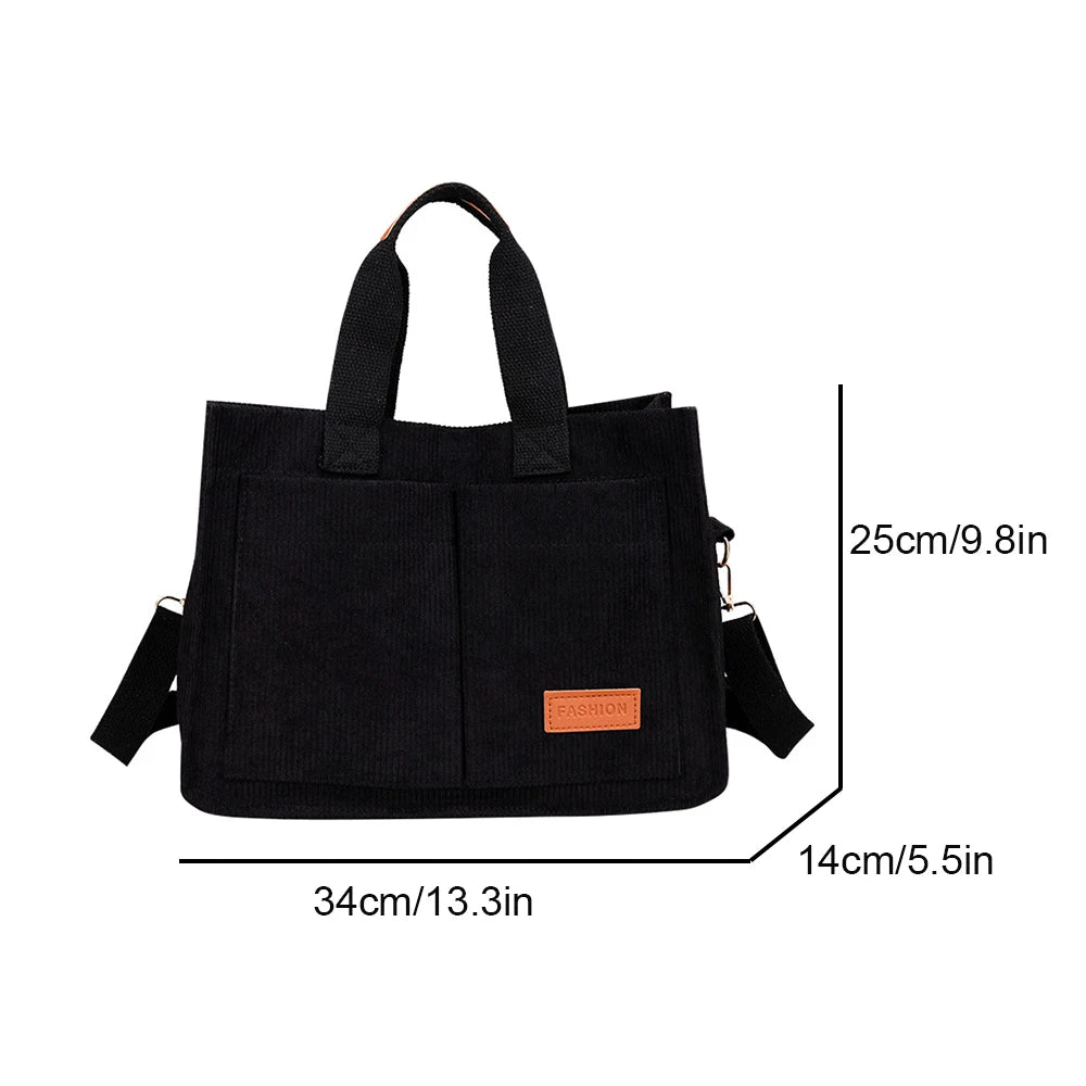 Fashionable women's casual handbag, corduroy tote bag, letter patch decoration shoulder bag, multi pocket crossbody bag-ll Abysaz Kollectionz