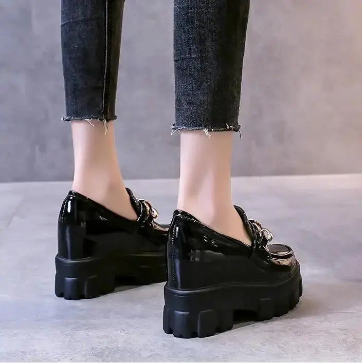 Women Patent Leather Chunky Sneakers Loafers Breathable Chain High Heels Platform Casual Shoes Flats Woman Vulcanize - Abysaz Kollectionz