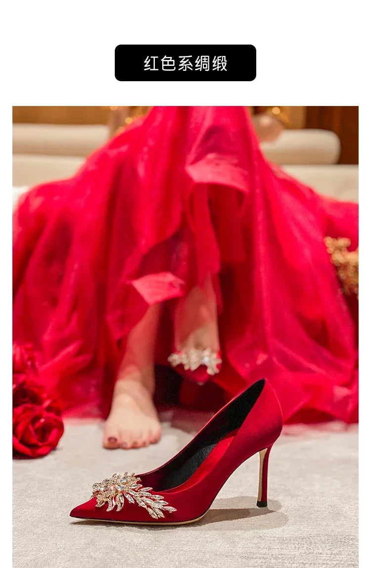 2024 Spring Summer Autumn New Wedding Shoes Red High Heels  Slim Heels Korean Version Pointed Toe Bride Shoes High Heels Abysaz Kollectionz